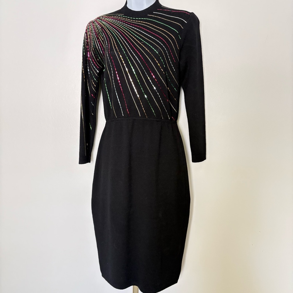 St. John Vintage 80’s Santana Knit Long Sleeve Sweater Dress Black‎ Sequins sz 4